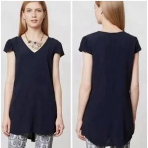 Anthropologie Maeve Women’s 2 Navy Blue Cap Sleeve Crepe Long Tunic Top V-neck